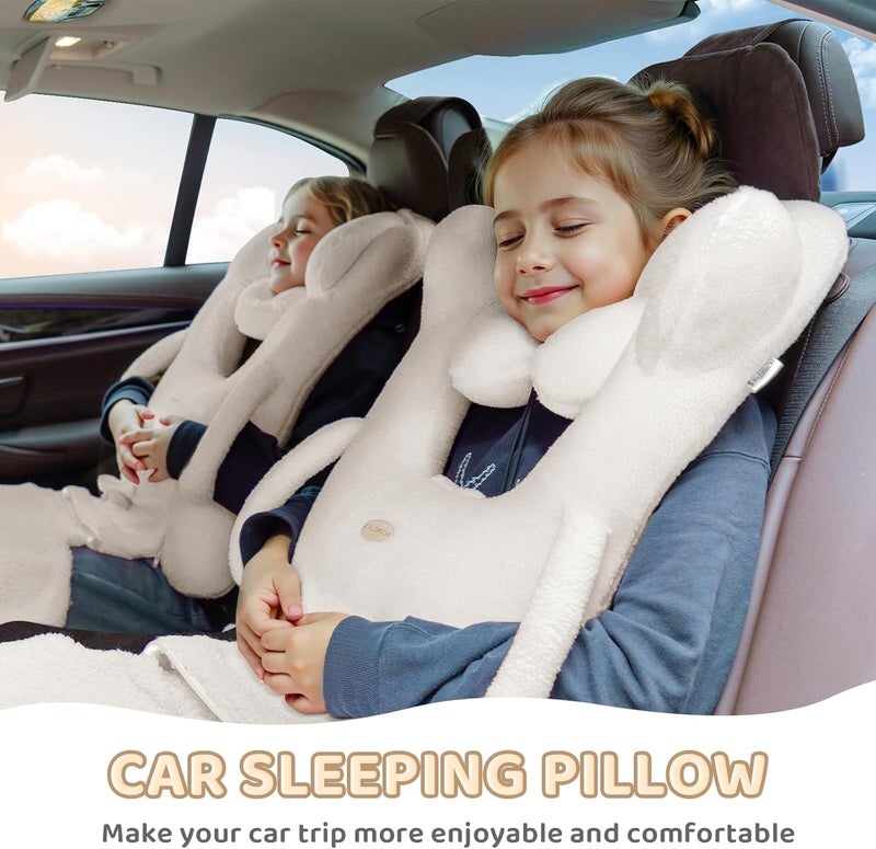 FLORICH Kids Travel Pillow, Car Sleeping Travel Pillow for Kids, Removable H-Shaped Pillow for Adults and Children to Support Head and Body Road Trips with Neck Pillow and Blanket (Beige White) - Image 5